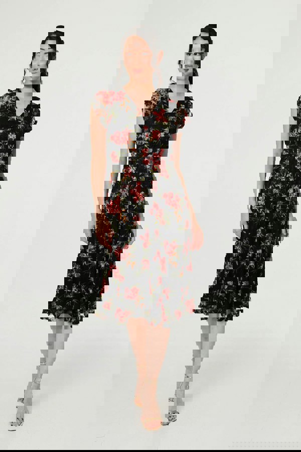 Black | Floral Cap Sleeve Shirred Midi Dress
