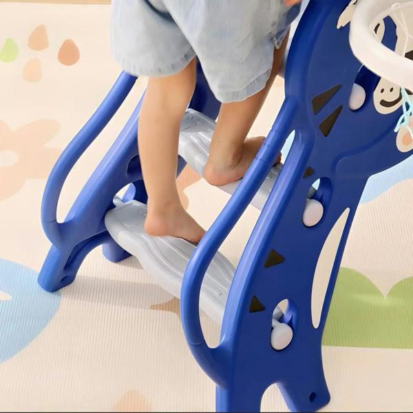 Blue bear-themed climber with grip handle and step beside the white slide