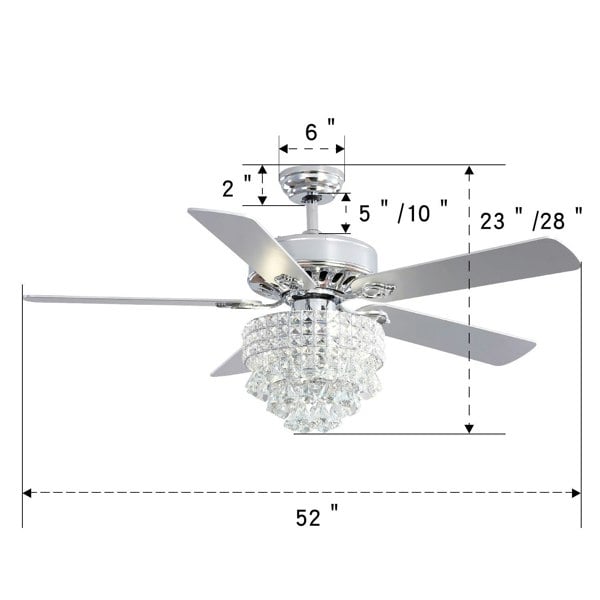 Chrome Ceiling Fan 5 Blades LED Crystal Chandelier & Remote Control 52Inch Ceiling Light Living and Home