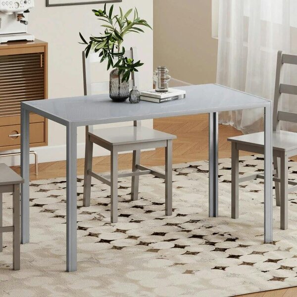 120cm Dining Table, Rectangle 4 Seater Kitchen Table with Tempered Glass Top and Metal Legs, Grey - Grey
