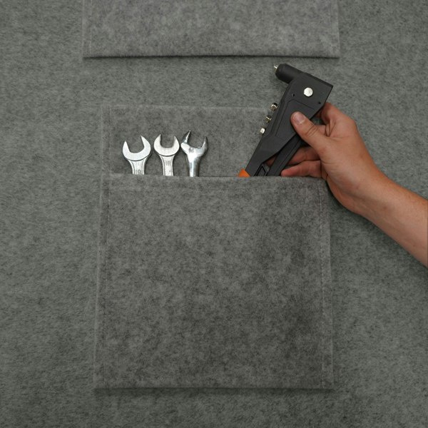 Smoke grey storage pouches made of felt, featuring multiple pockets holding various tools, ideal for organization and storage