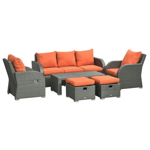 Wyld Haus Lerami Rattan Orange 7 Seater Outdoor Garden Furniture Set Sofa Reclining Armchairs and Footstool