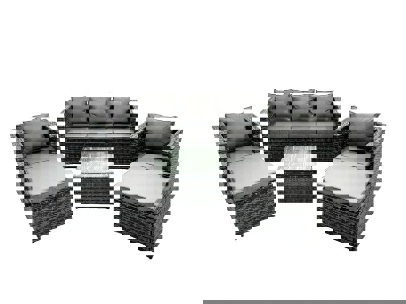 Fimous Outdoor Rattan Garden Furniture Set 7 Seater Patio Lounge Sofa Set with Armchair Square Coffee Table 2 Big Footstool Dark Grey Mixed