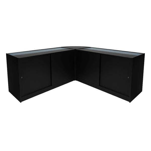 Theseus LED shop counter set in sleek black, featuring two glass-topped display units with sliding doors, ideal for retail spaces