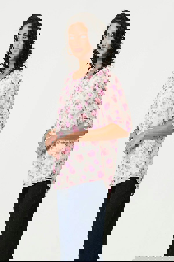 Pink | Floral 1/2 Sleeve Semi Sheer Blouse
