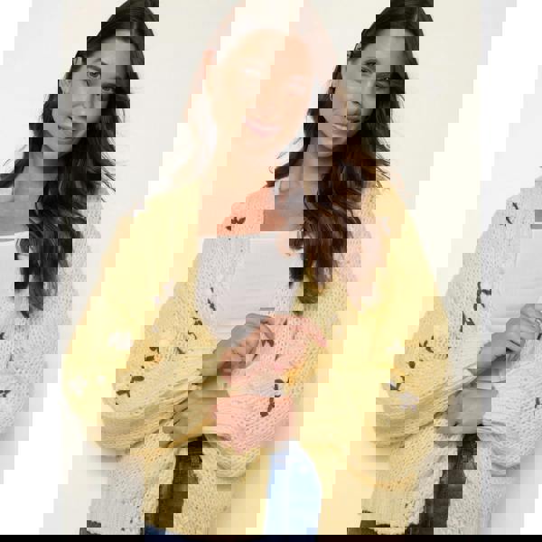 Blue Vanilla Flower Embroidery Detailed Cardigan - Yellow