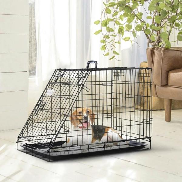 Black wire dog travel crate with removable tray, top handle, and open entrance