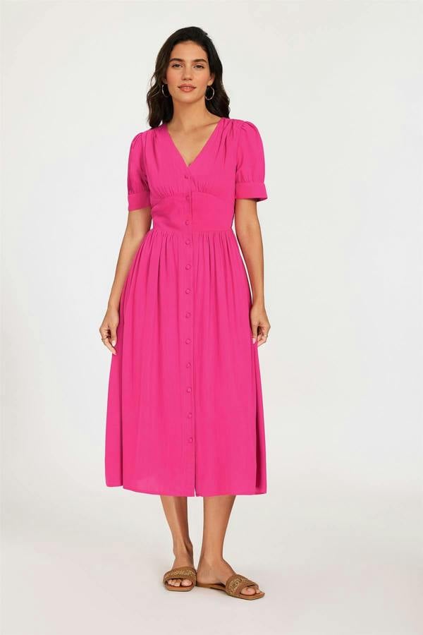 FS Collection Button Front Short Sleeve Midi Dress In Hot Pink