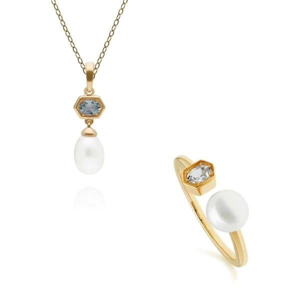 270P030204925-270R058705925 Modern Pearl & Aquamarine Pendant & Ring Set in Gold Plated Silver 1