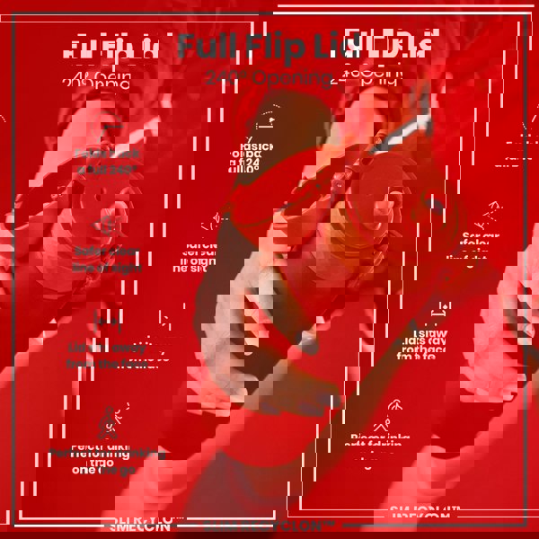 A hand holds an orange bottle with a full flip lid that opens 240 degrees; the bottle is showcased against a red background. The text advertises the lid's features: “Full Flip Lid,” “240° Opening,” and more.