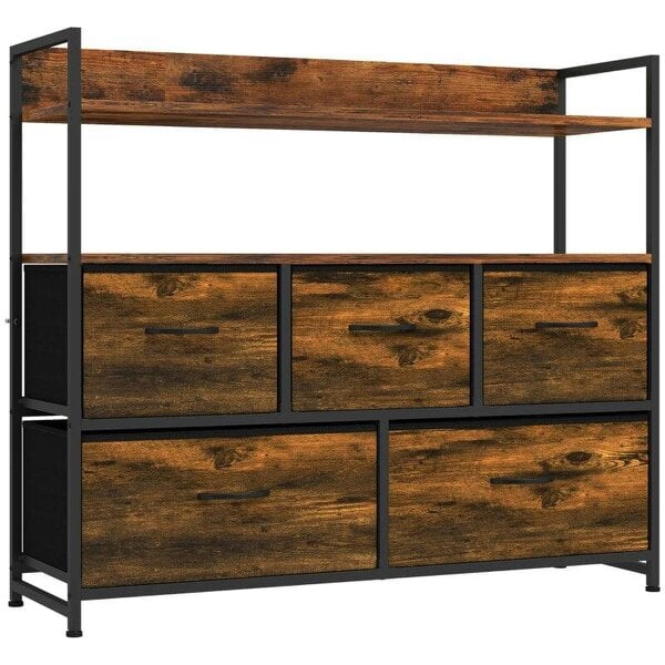 Chest of Drawers, Bedroom Fabric Dresser with 5 Drawers, Storage Organiser Unit with Open Shelves, Rustic Brown