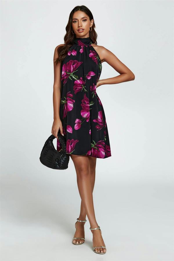 FS Collection Floral Print Halter Neck Tie Back Mini Dress In Black
