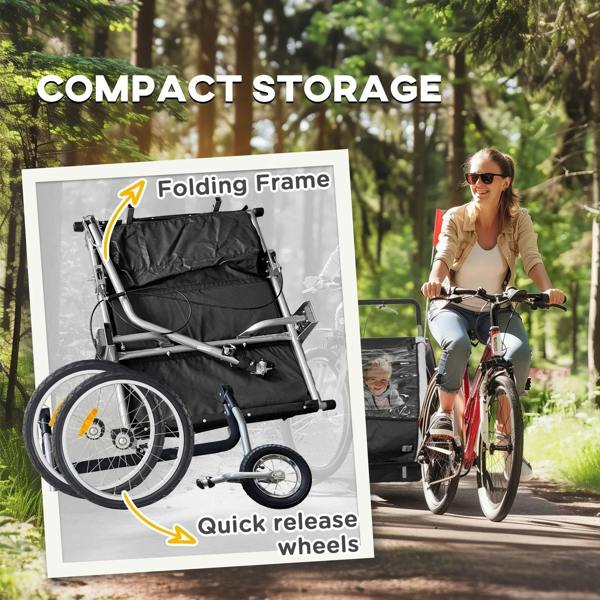 Black bike trailer with folded frame and quick-release wheels for compact storage
