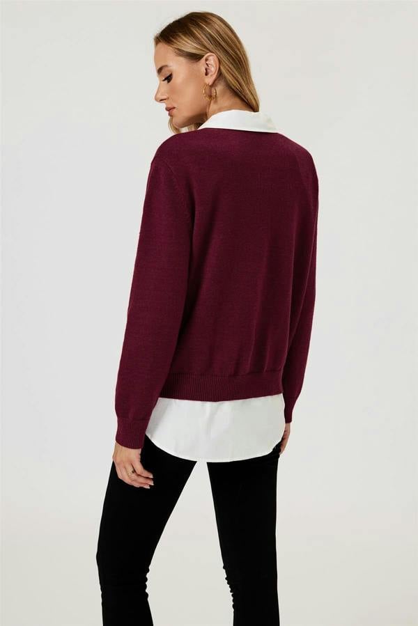 FS Collection Bowknot Pattern On Shoulder Knit Jumper Top In Wine