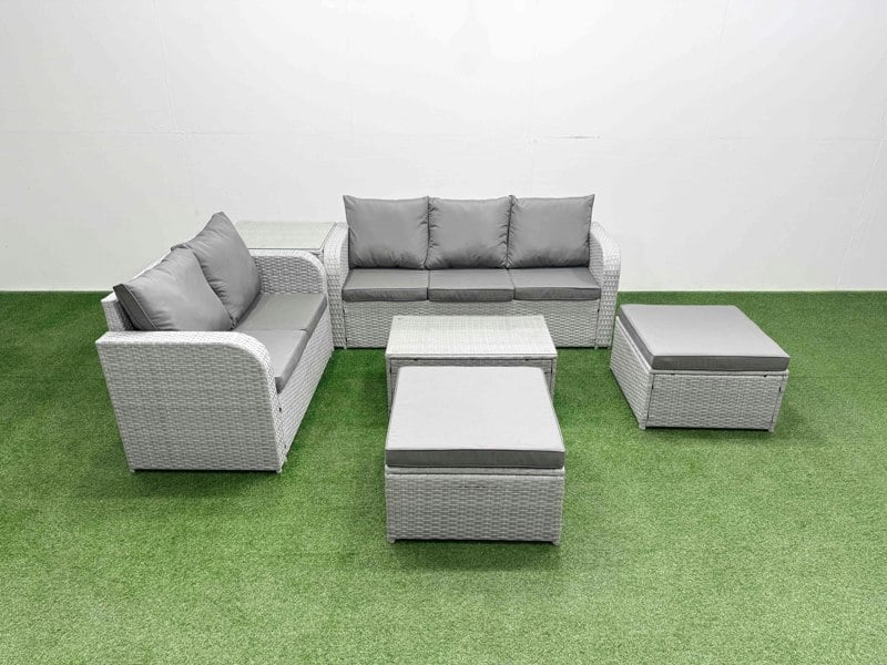Fimous 7-Seater PE Wicker Rattan Garden Sofa Set - Dark Grey Mixed Patio Conservatory Furniture with Rectangular Coffee Table & 2 Big Footstools
