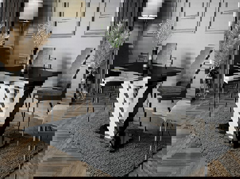 Elegant DUBAI dinner table with black gloss top and stone effect detail.