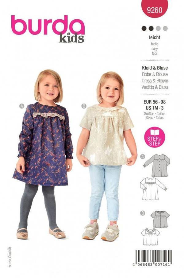 Burda Sewing Pattern 9260 Tops and Dresses For Kids, 1M-3 (56-98) - Easy