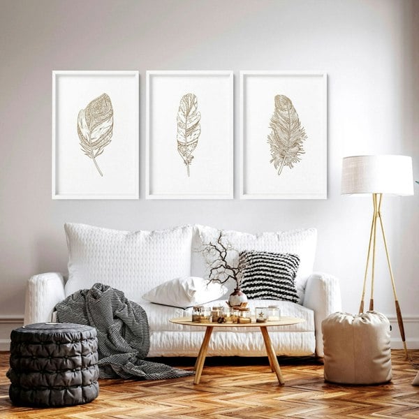 Gold artwork for living room | set of 3 Feathers wall art prints