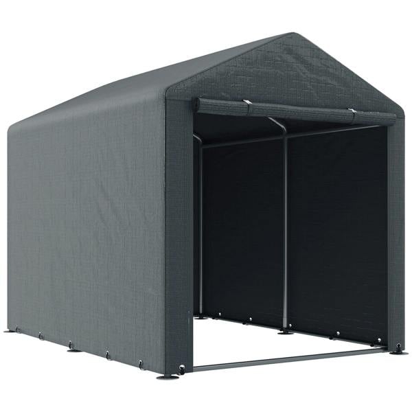 Dark grey outdoor storage tent with open front panels and metal corner posts