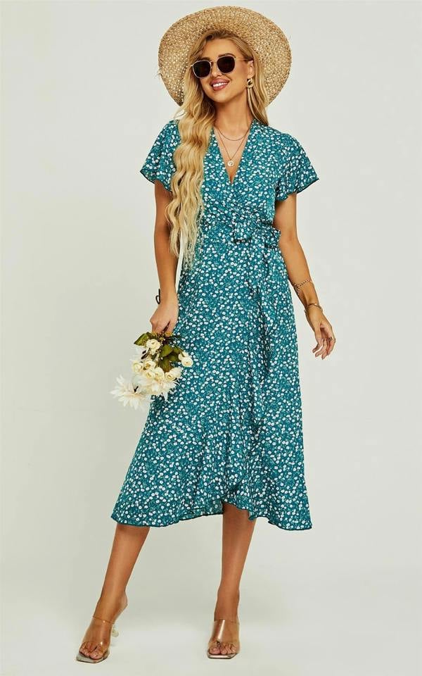 FS Collection Angel Sleeve Wrap Midi Dress In Green Floral Print