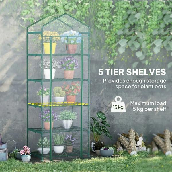 Five-tier mini greenhouse with clear cover and five shelves, plants inside