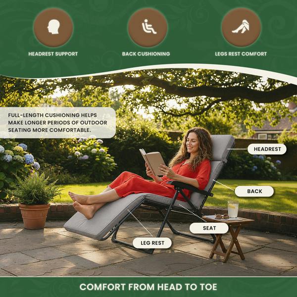 Steamer Chair Cushion – Outdoor Garden Seat Pad with 6cm Padding, Washable Cover & Adjustable Straps, Grey, 49cm Wide