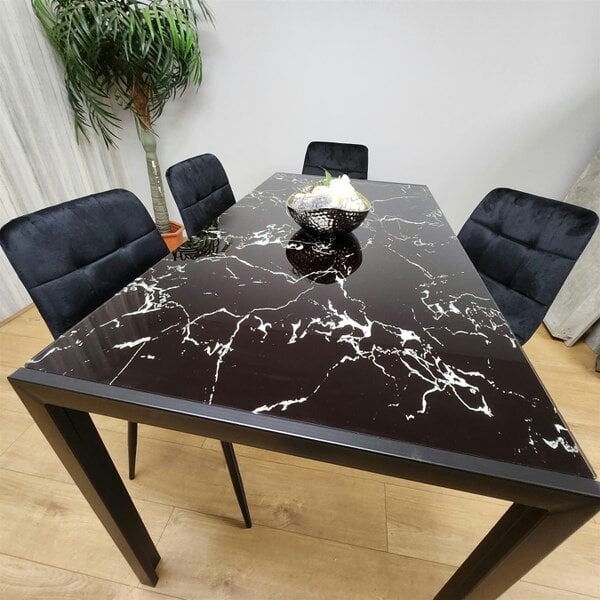 Kosy Koala Dining Table and 4 Chairs Black Marble Effect Glass 4 Velvet Black Chairs Dining Room Furniture