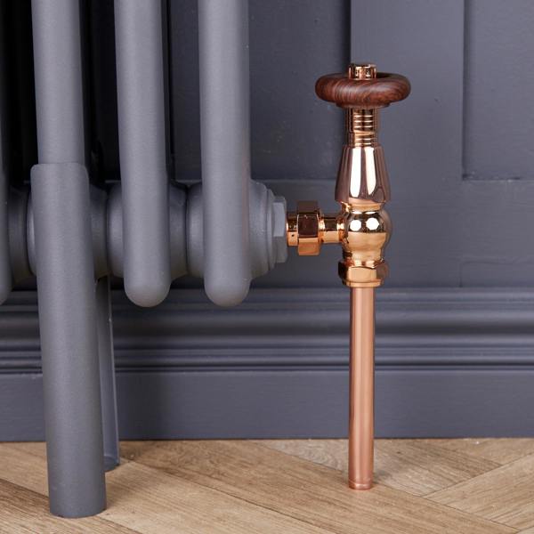 Flode Traditional Style Angled Wood Effect Head TRV & Lockshield | 15mm x 1/2" | Copper