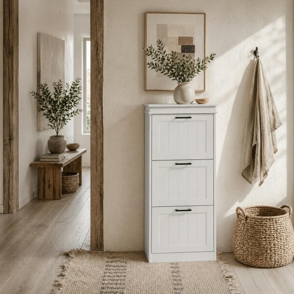 Wyld Haus Naravi Vino Wooden White Minimal 3 Drawer Shoe Cabinet For 15 Pairs