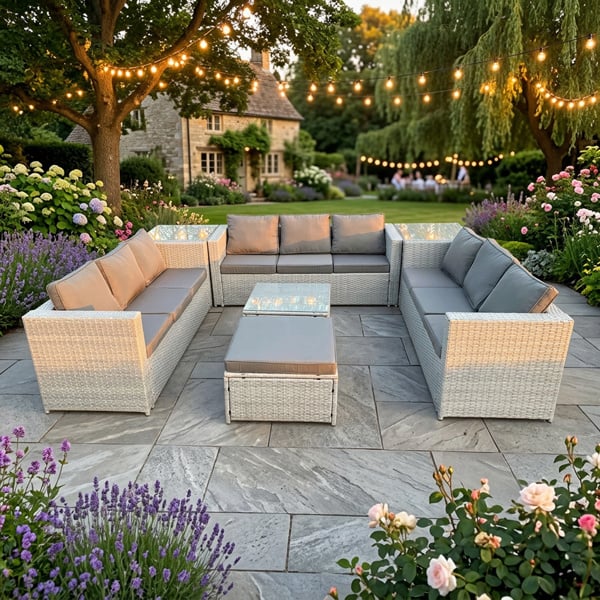 Fimous 10 Seater Rattan Garden Furniture Set with 3 Sofas, Coffee Table, 2 Side Tables & 1 Footstool - Light Grey