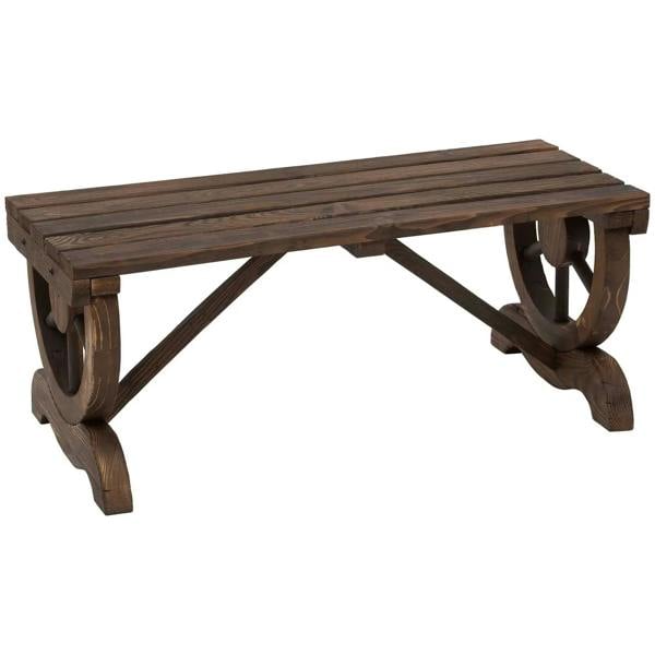 Brown wooden 2-person bench with slatted seat and wheel-shaped legs