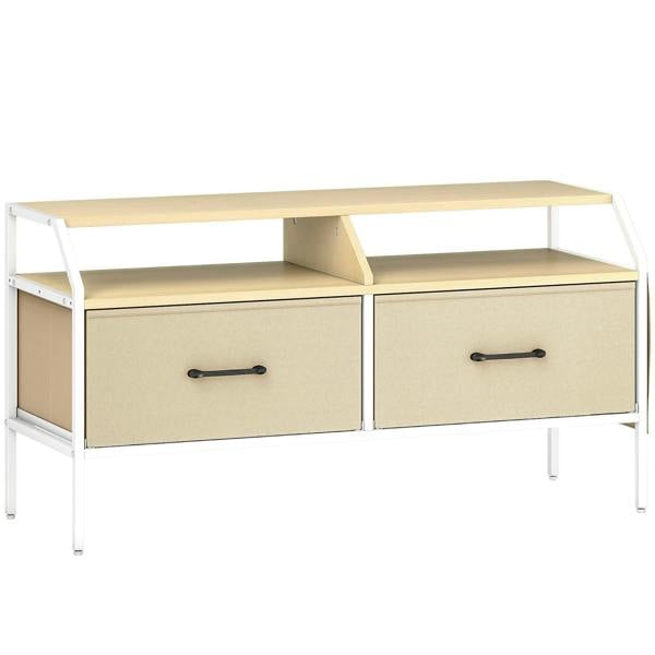 Light wood TV stand cabinet with two drawers and open shelves, white metal frame