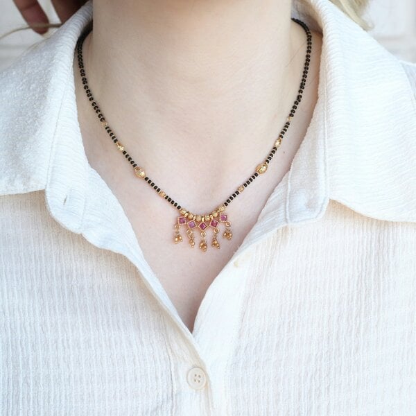 The Colourful Aura Indian Nazarian Gold Mangalsutra Black Beads Pendant Necklace