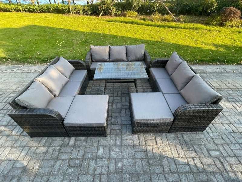 Fimous Rattan Garden Furniture Dining Set 11 seater Patio Rectangular Table 2 Big Footstool Dark Grey Mixed