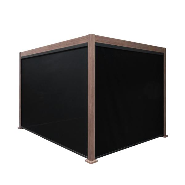 Wood effect aluminium pergola with blinds, 3m x 3m, featuring a sleek design, dark fabric, and sturdy wooden finish for outdoor elegance