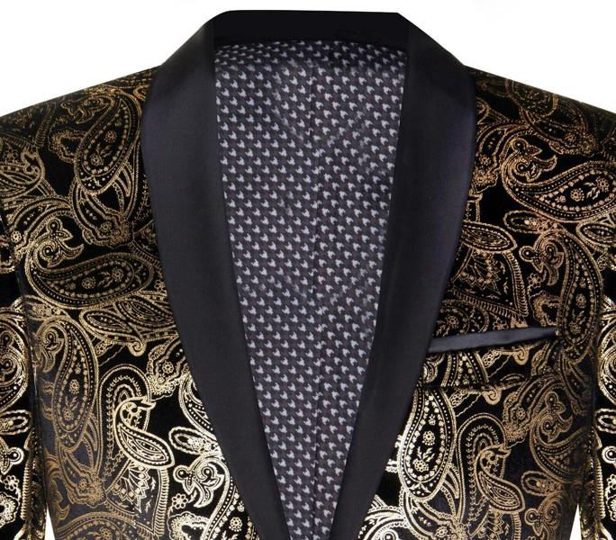 TruClothing Mens Classic Gold Paisley Black Velvet Tuxedo Dinner Jacket Tailored Fit Blazer