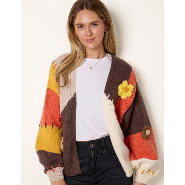 Blue Vanilla Blanket Stitched 3D Daisy Knit Colourblock Cardigan