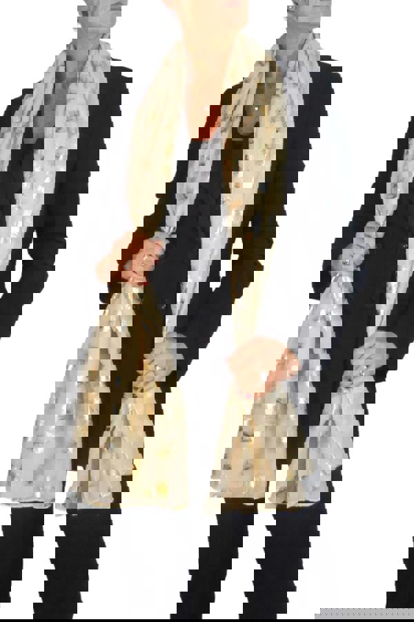 Paulo Due Gold Feather Print Soft Voile Lightweight Oversized Scarf