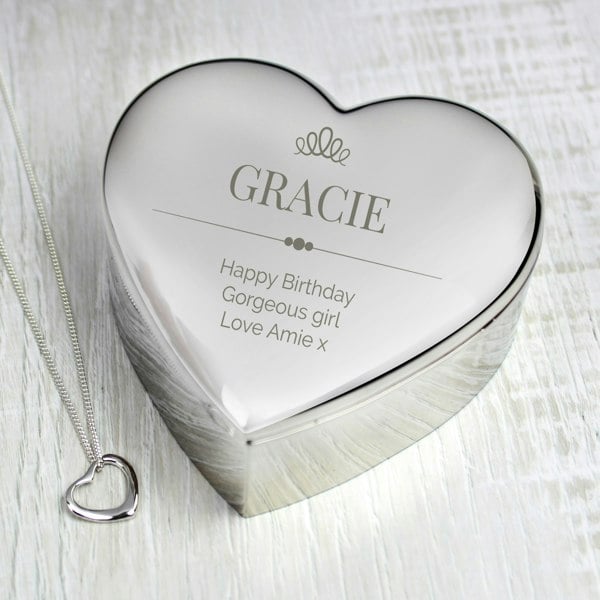 Personalised Memento Company Personalised Elegant Crown Heart Trinket Box & Sterling Silver Necklace Set