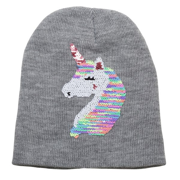 Universal Textiles Childrens Girls Reversible Unicorn Sequins Beanie Hat - Grey