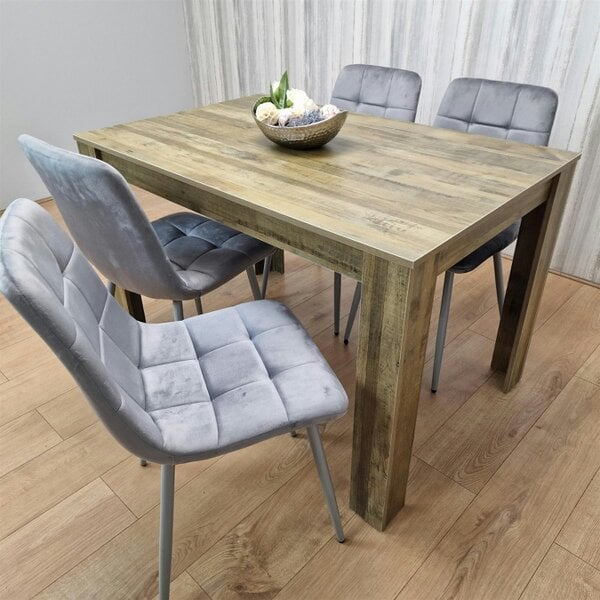 Kosy Koala Dining Table and 4 Chairs Rustic Effect Wood Table 4 Grey Velvet Chairs Dining Room