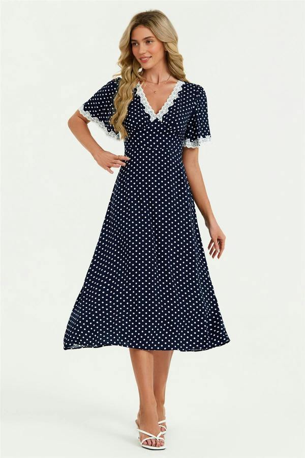 FS Collection Lace Trim Dot Print Midi Dress In Navy