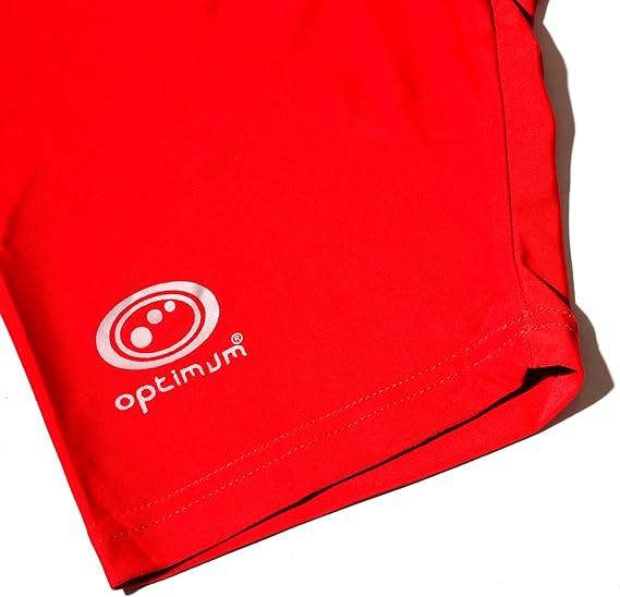 Close-up of red Optimum Multi-X shorts leg hem with white Optimum logo - Optimum