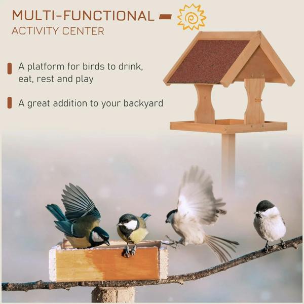 Wooden multi-level bird feeder table with slanted roof and birds perched on edge