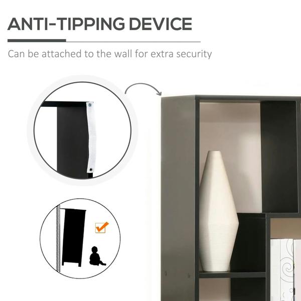 Black bookcase with anti-tipping attachment area at the back for extra security