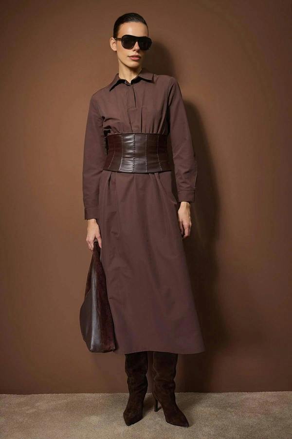 WOVCOR Leather Corset Belted Woven Dress