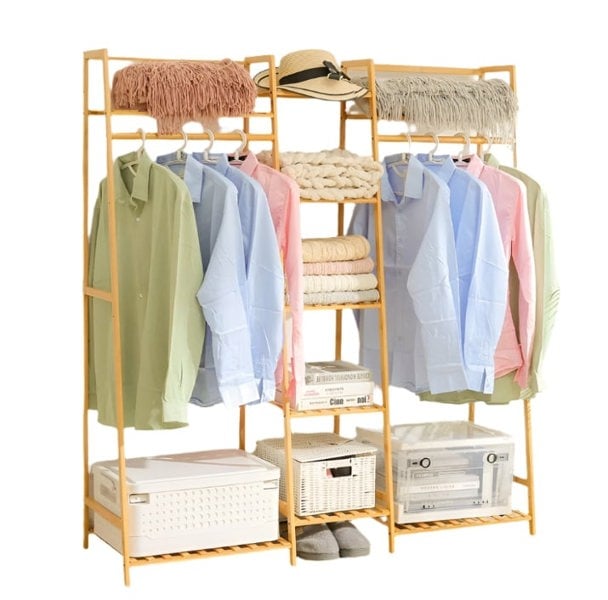 Modcraft Heavy Duty Bamboo Clothes Rail Rack with Corner Storage Shelves – Natural