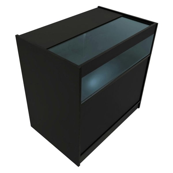 Black Adonis LED shop counter set featuring sleek design, glass top, and illuminated display area for showcasing products
