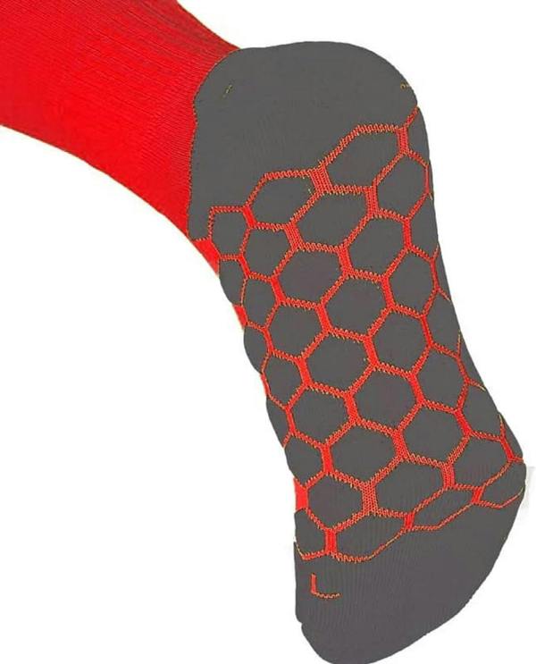 Close-up of red Classico sock grey and red hexagonal grip footbed on white - Optimum