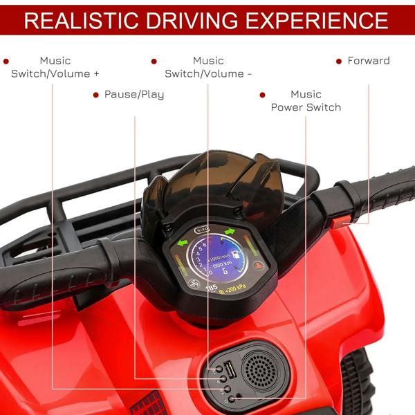 Red quad bike dashboard with display, steering controls, and built-in speaker panel